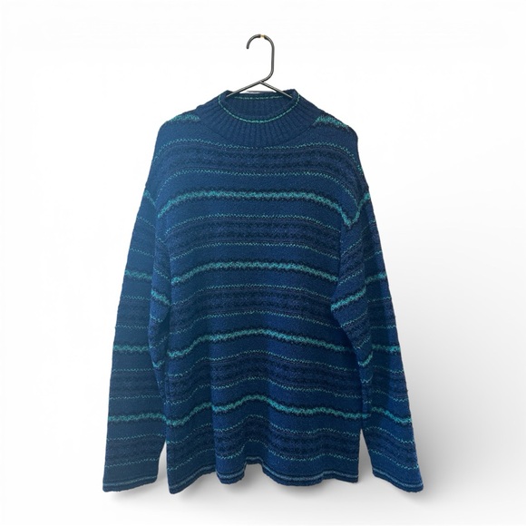 Yarnworks Sweaters - Vintage Y2K Era Yarnworks Navy Striped Turtleneck Sweater Size XL